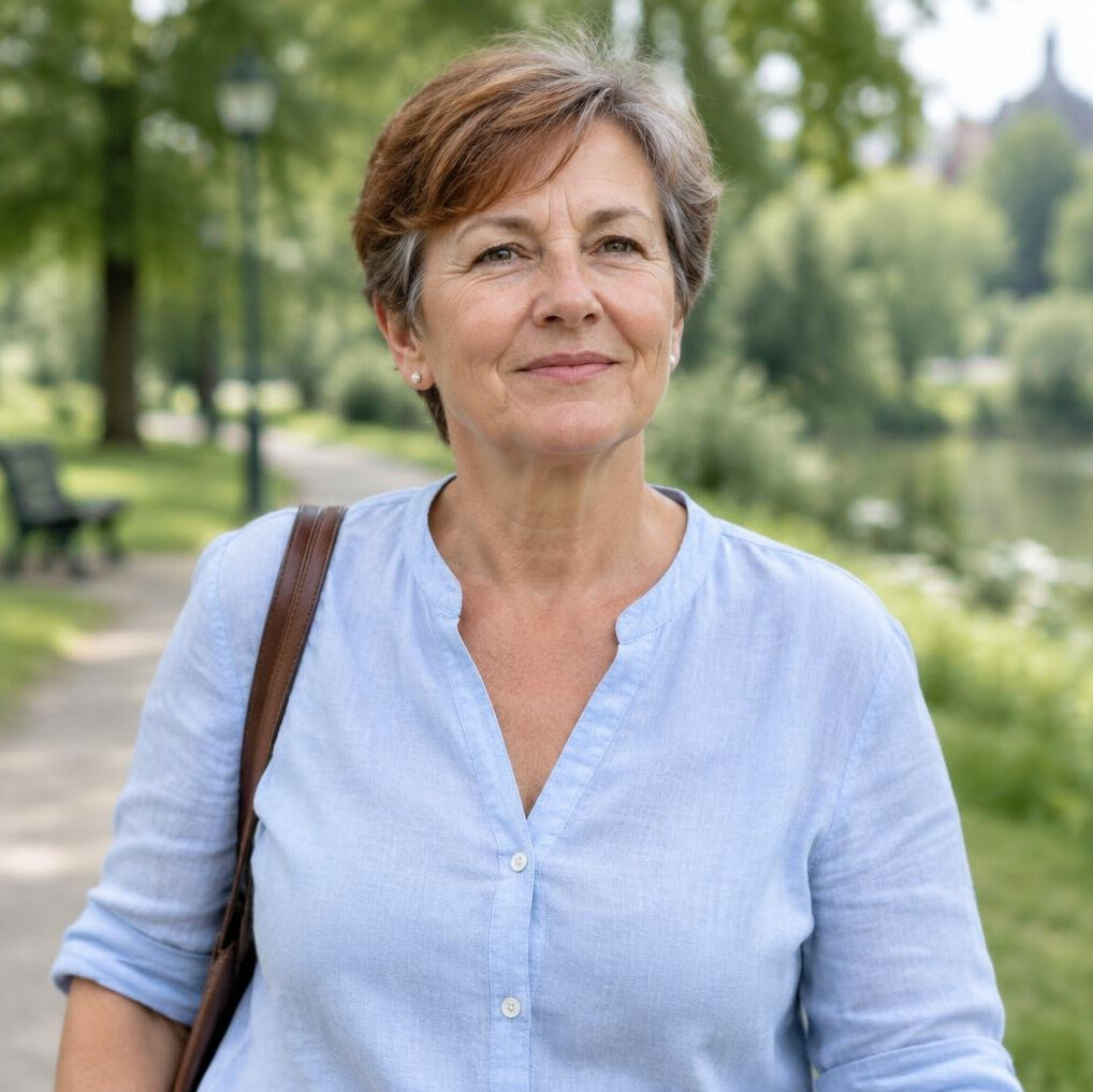 Portrait of a German woman in her sixties with short hair and a light blue blouse